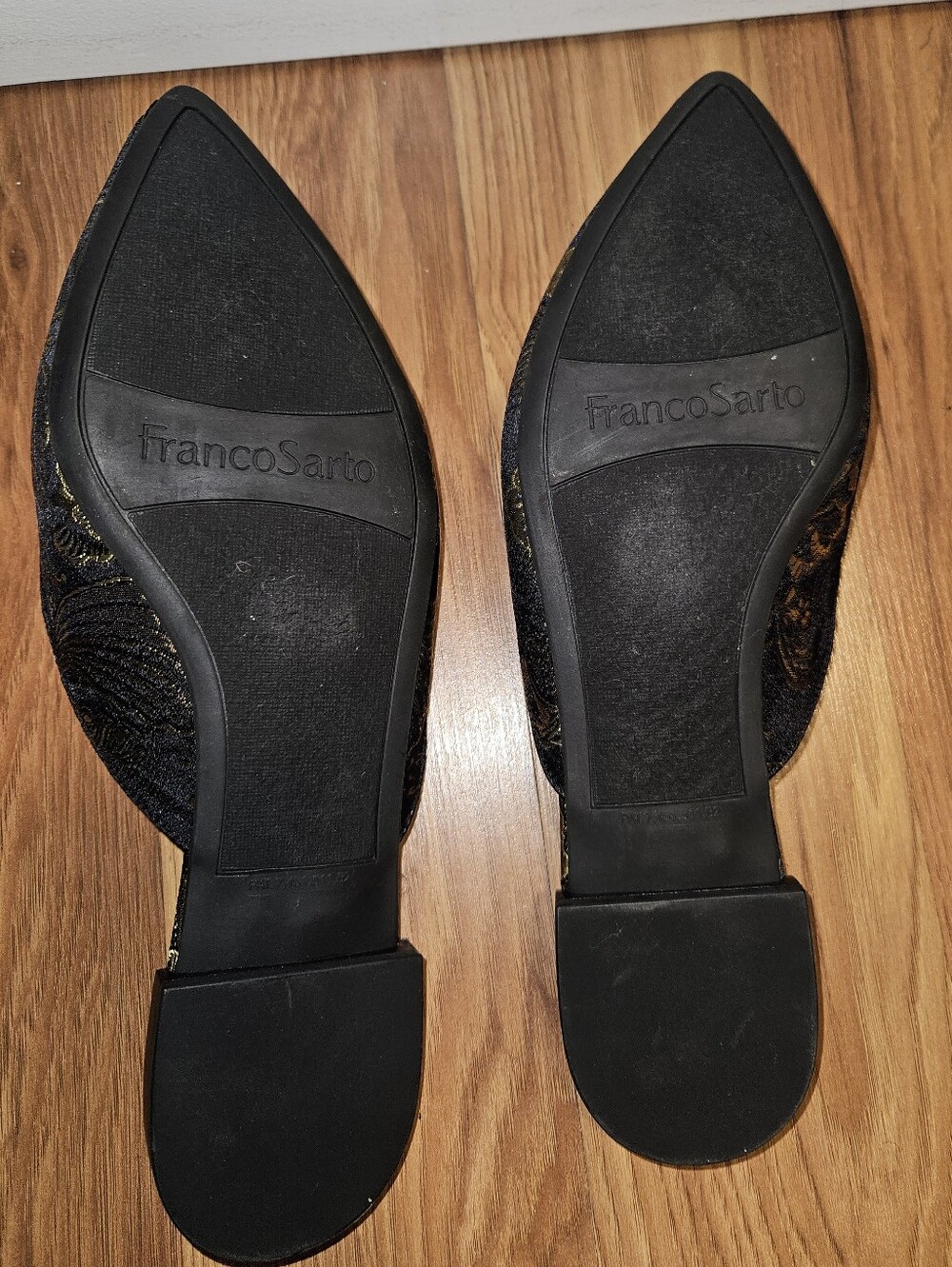 Franco Sarto Black and Gold Brocade Pointed Toe Slip-On Mules - Picture 3 of 4